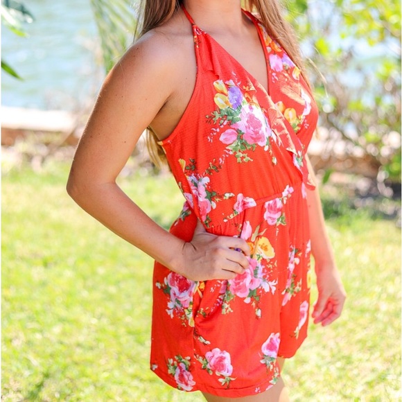 Orange Floral Halter V Neck Romper - Picture 2 of 4